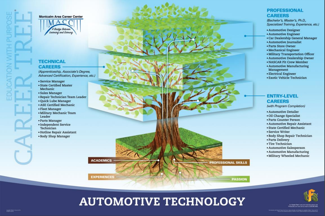 A picture of the auto tech career tree showing jobs in entry level, technical, and professional areas.