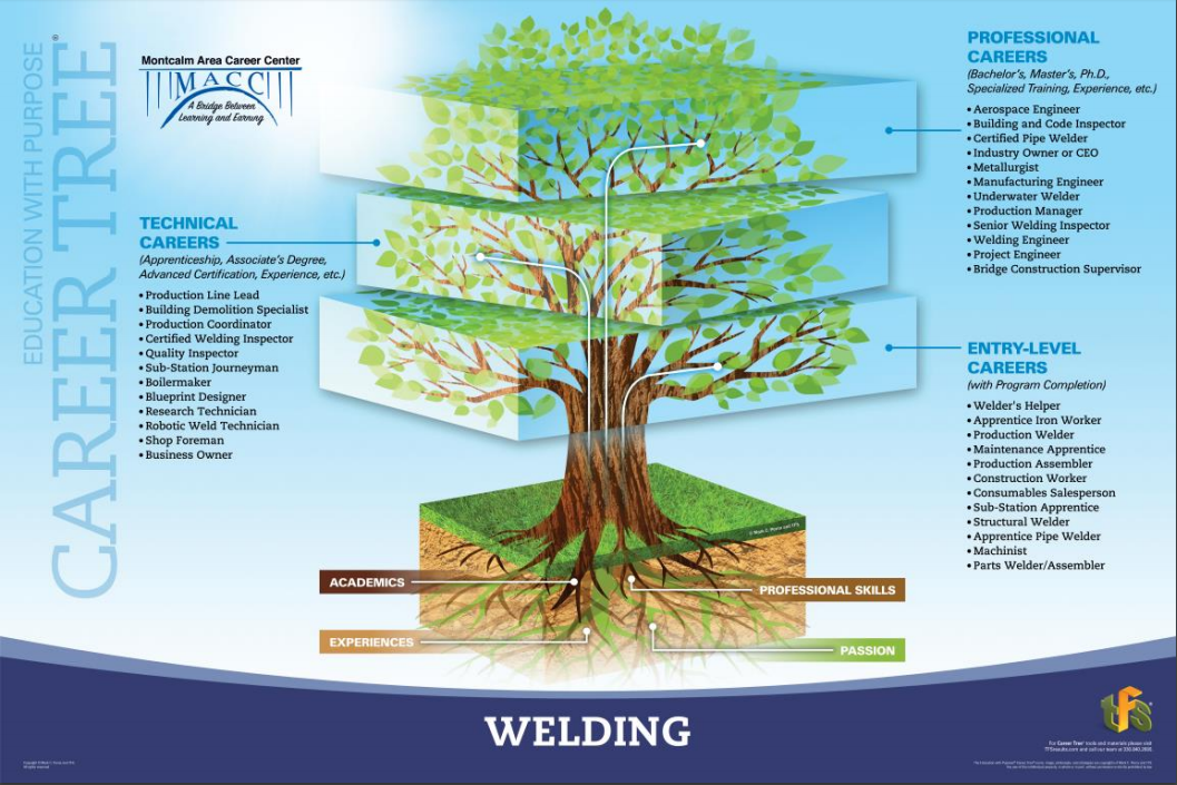 A picture of the welding career tree showing jobs in entry level, technical, and professional areas.